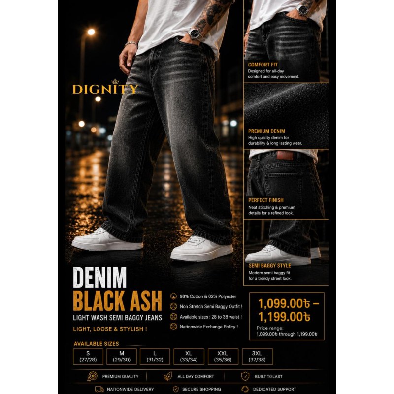 Denim Black Ash Light Wash Semi-Baggy Jeans