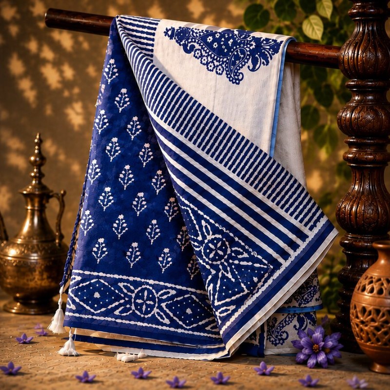 Classic Blue & White Elegant Half Silk Cotton Saree