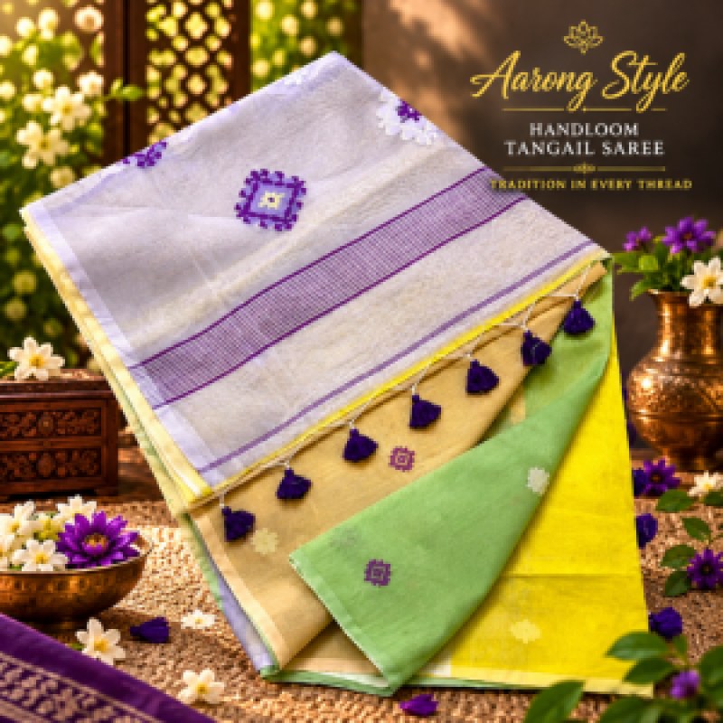 Aarong Style Tangail Hand-Work Half Silk Saree
