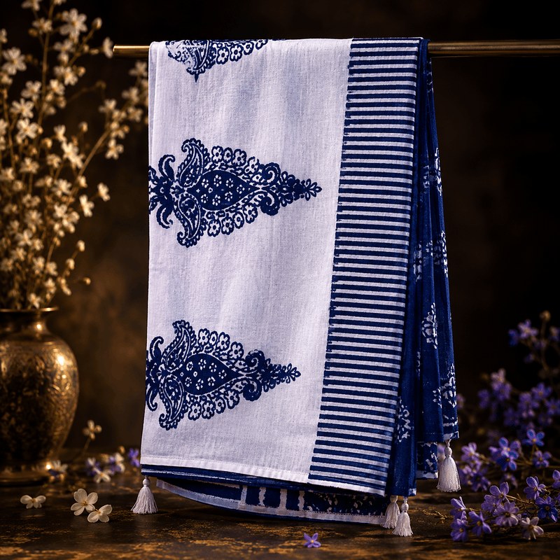 Classic Blue & White Elegant Half Silk Cotton Saree