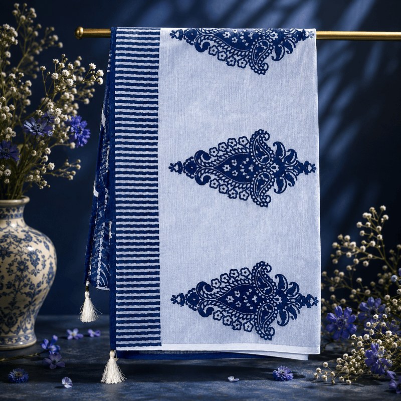 Classic Blue & White Elegant Half Silk Cotton Saree