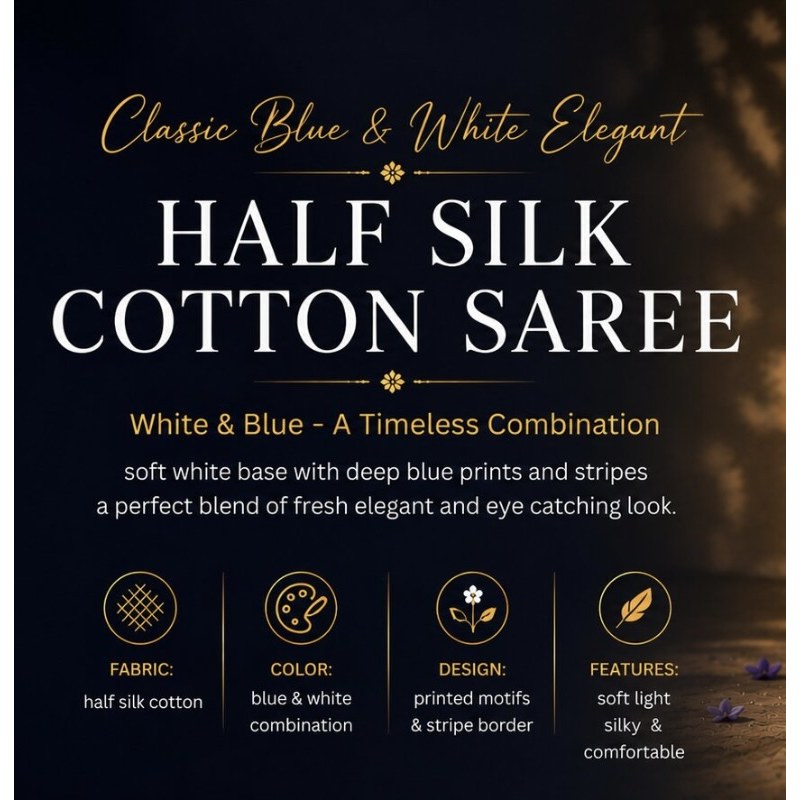 Classic Blue & White Elegant Half Silk Cotton Saree